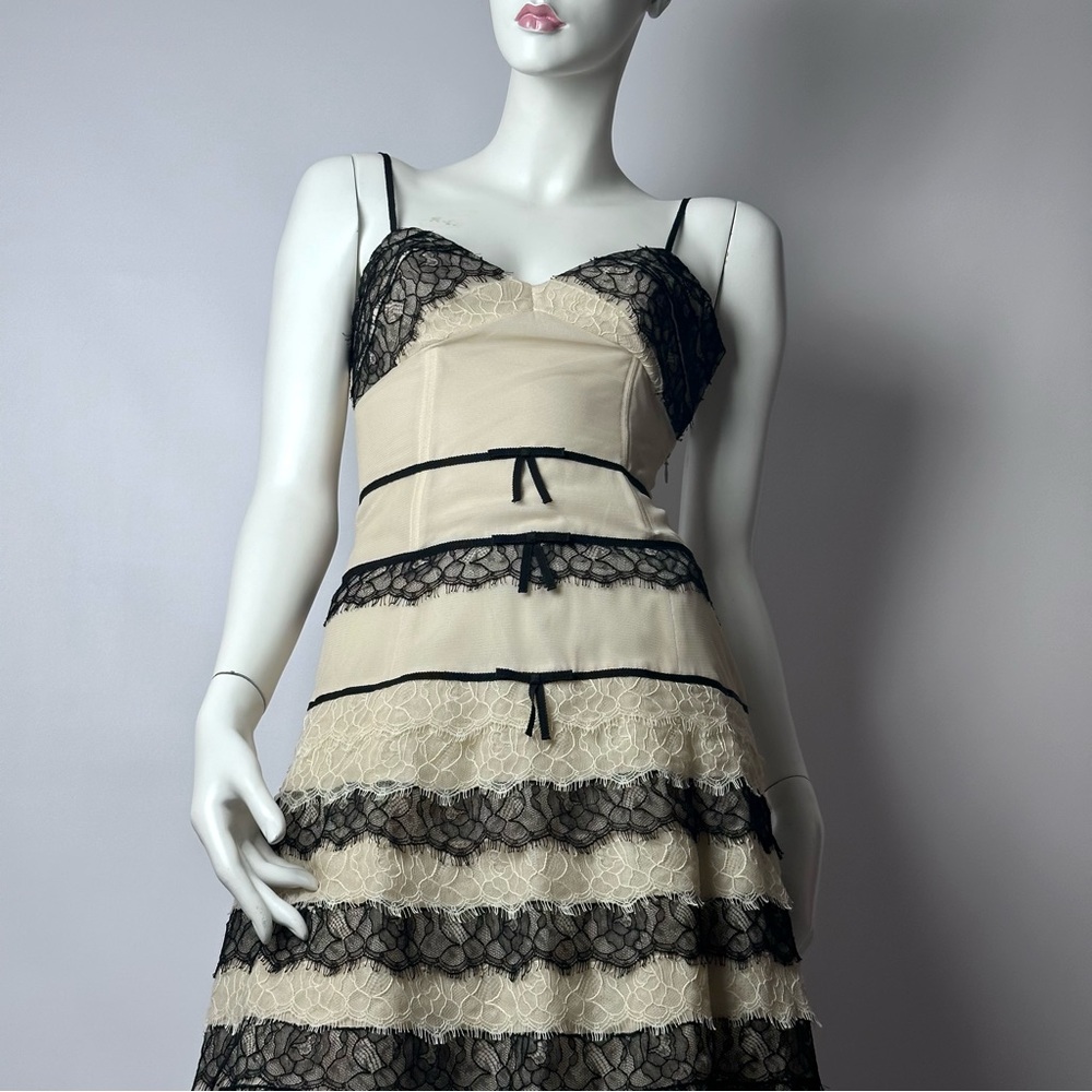 Karen Millen England Cream Black Tiered Lace Tulle Ribbon Bow Dress VINTAGE